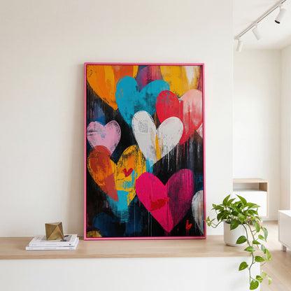 Colorful Hearts Graffiti Canvas in pink floating frame