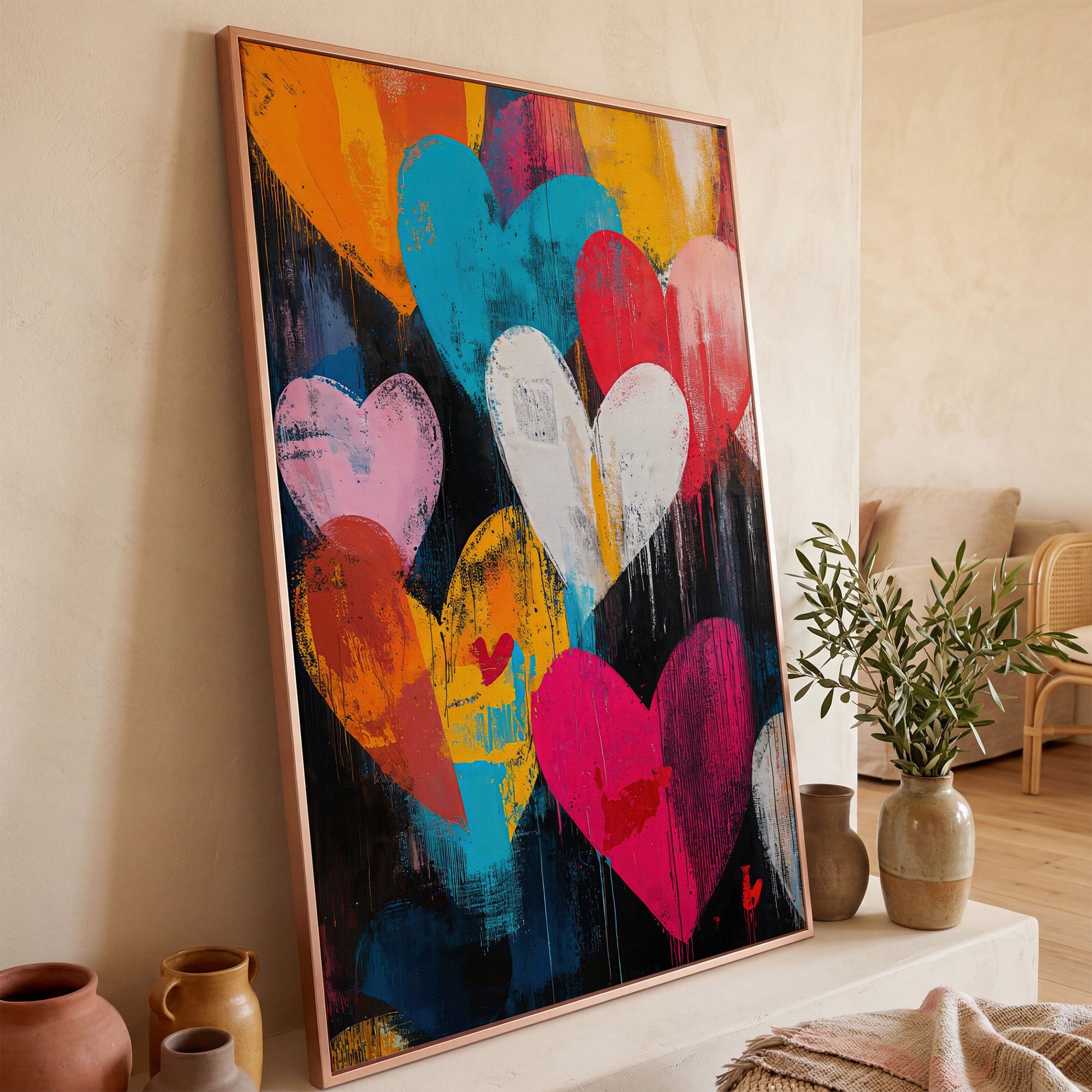 Colorful Hearts Graffiti Canvas in rose gold floating frame