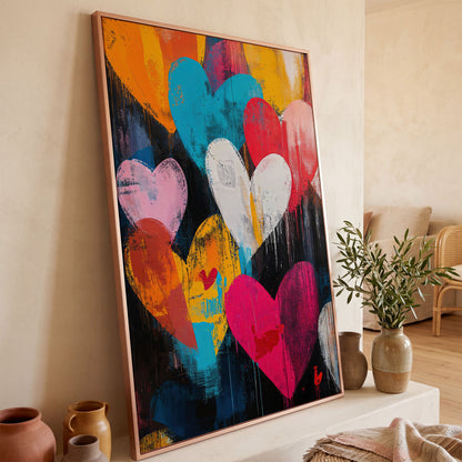 Colorful Hearts Graffiti Canvas in rose gold floating frame