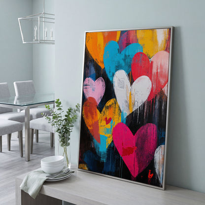 Colorful Hearts Graffiti Canvas in silver floating frame