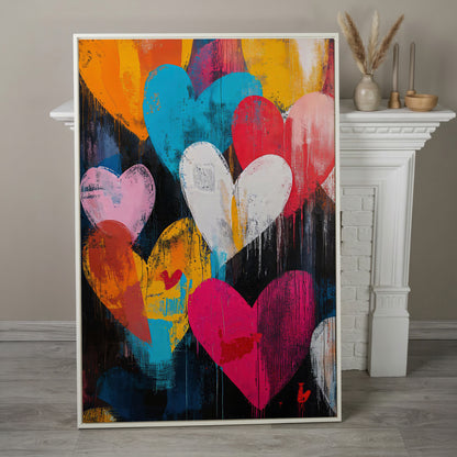Colorful Hearts Graffiti Canvas in white floating frame