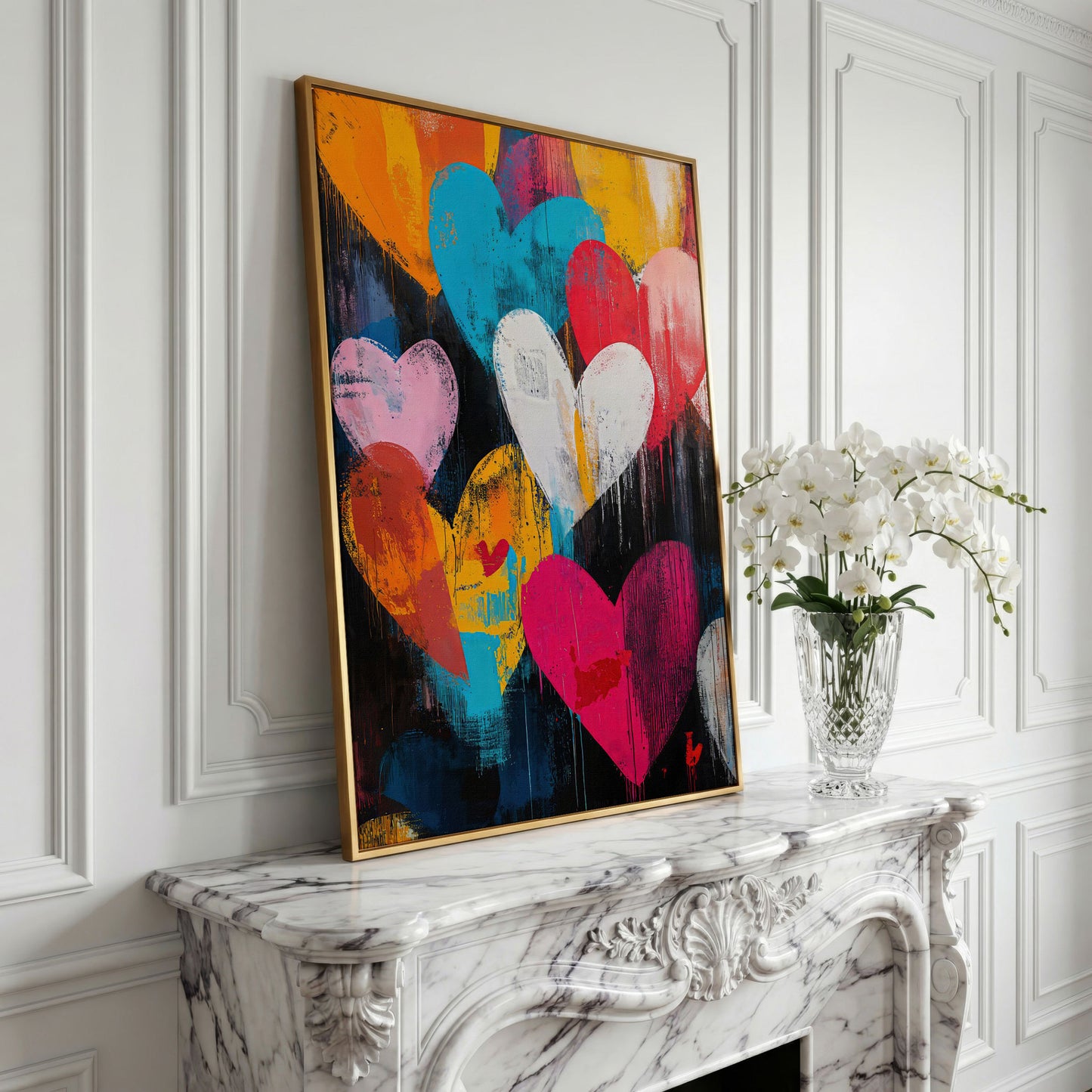 Colorful Hearts Graffiti Canvas in yellow gold floating frame