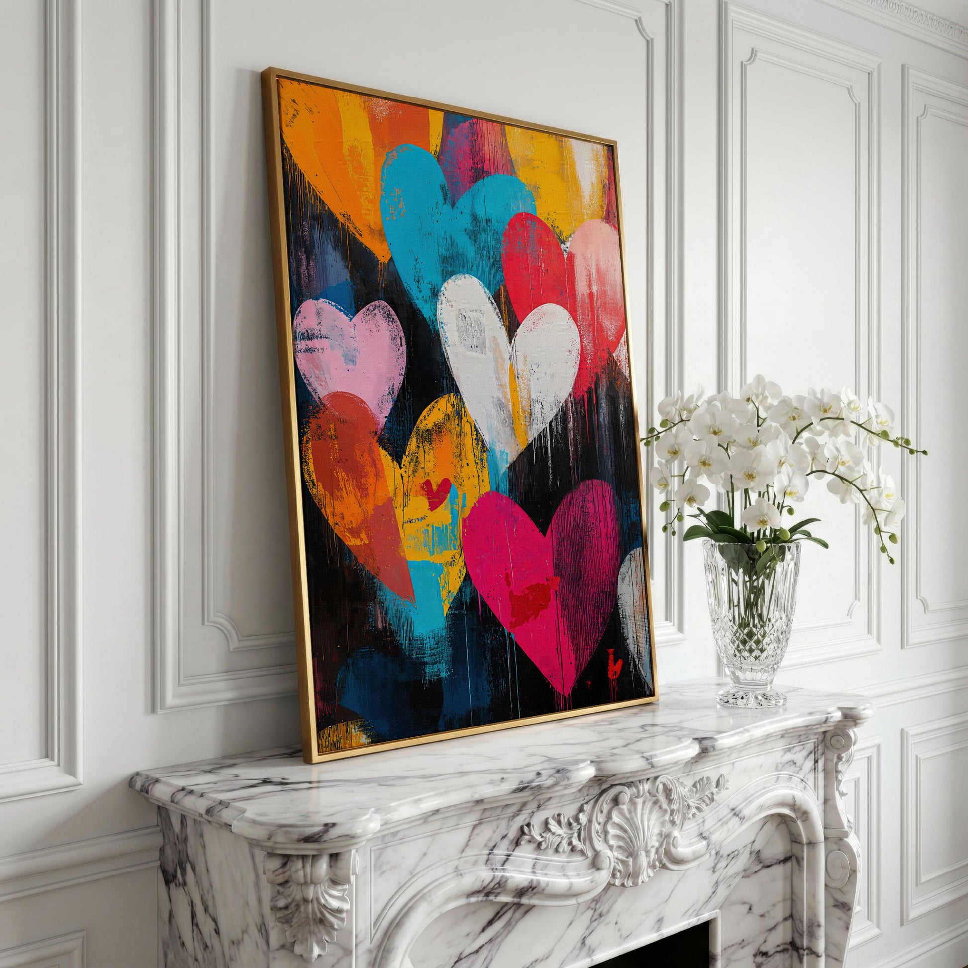 Colorful Hearts Graffiti Canvas in yellow gold floating frame