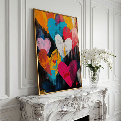 Colorful Hearts Graffiti Canvas in yellow gold floating frame