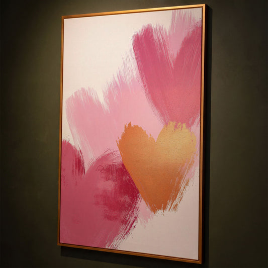 Pink & Gold Abstract Heart Canvas shown in antique gold floating frame
