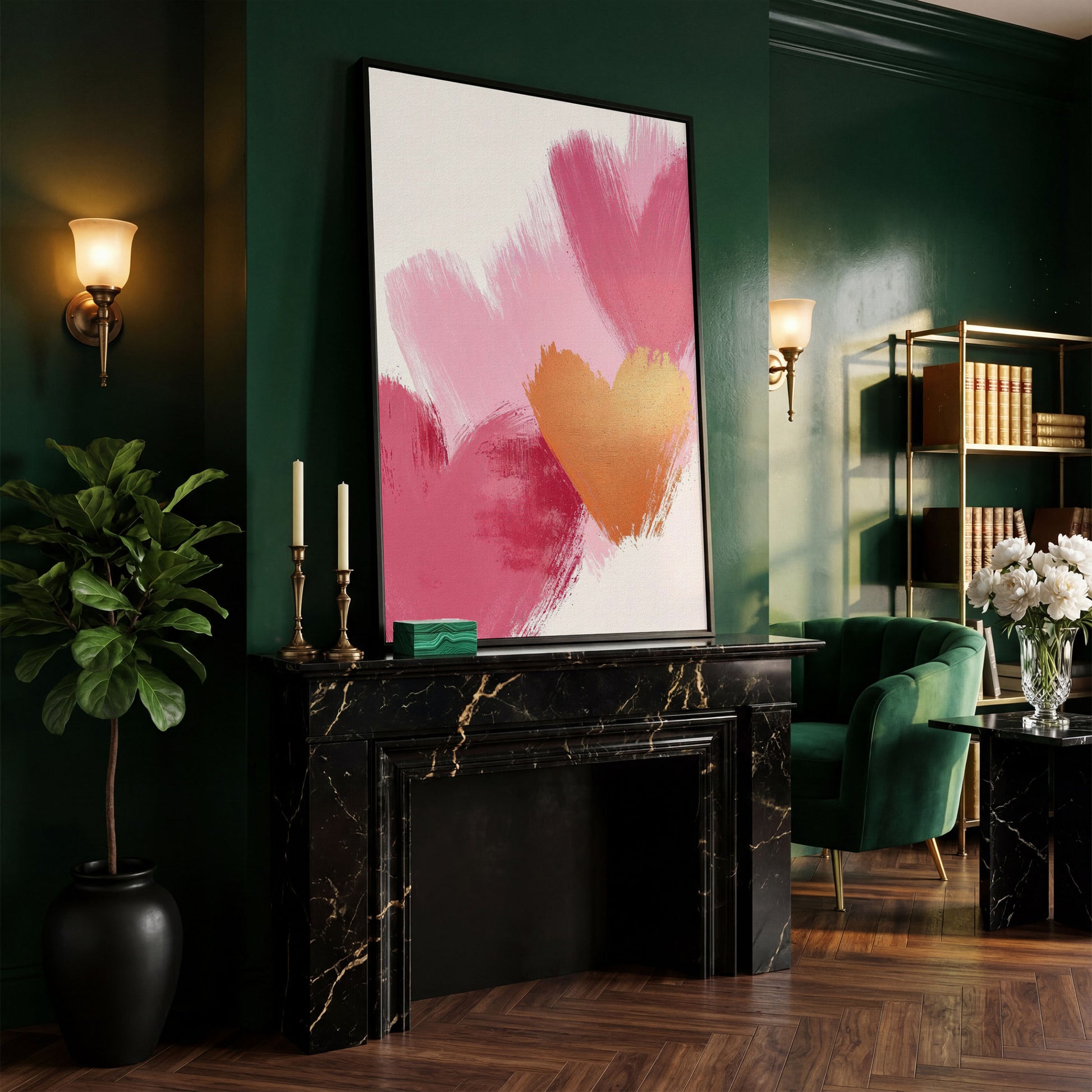 Pink & Gold Abstract Heart Canvas in black floating frame
