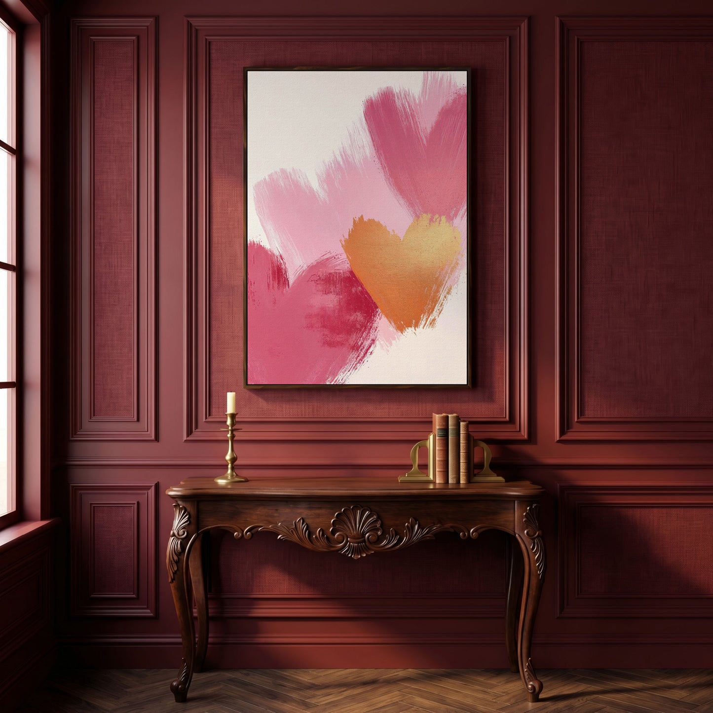 Pink & Gold Abstract Heart Canvas in dark walnut floating frame