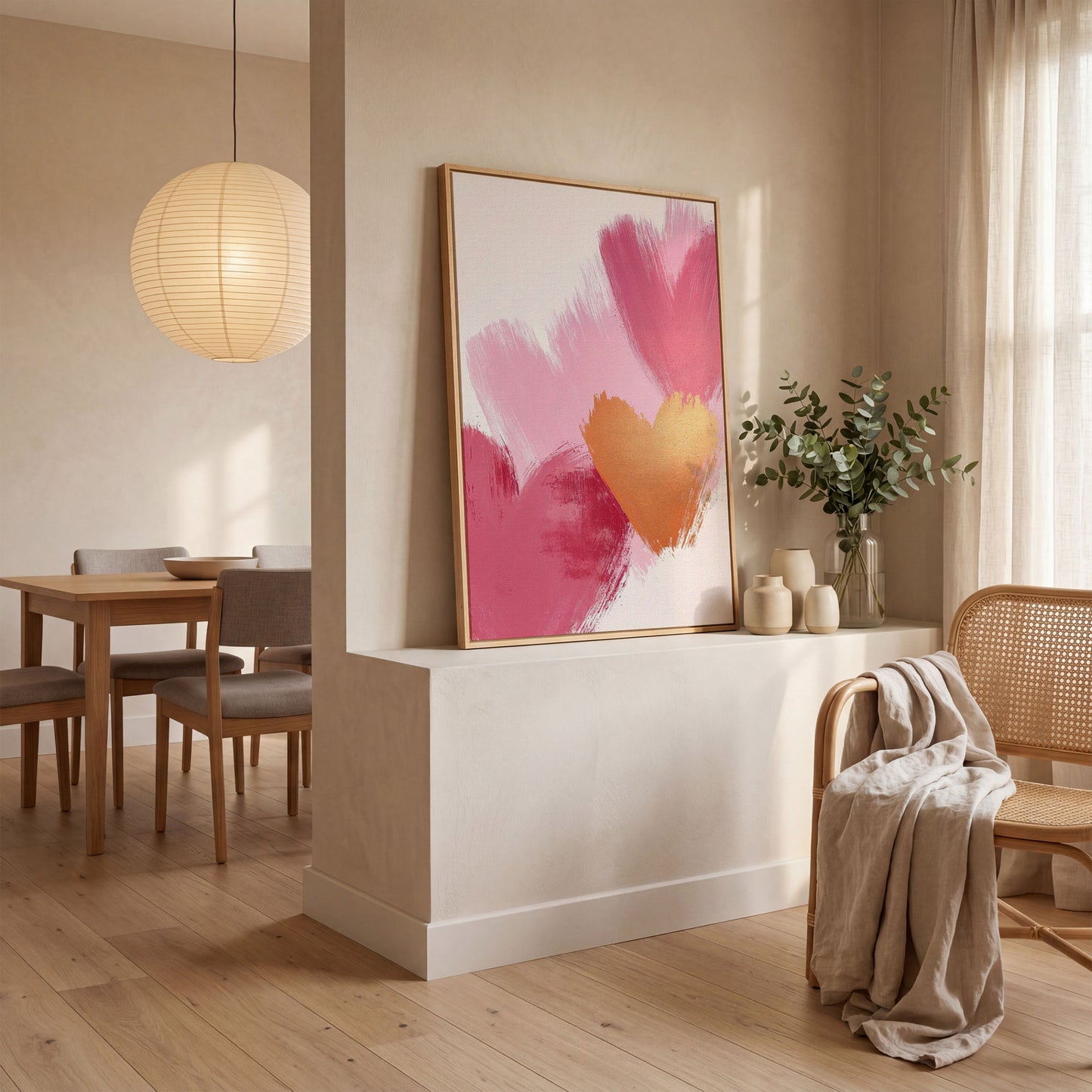 Pink & Gold Abstract Heart Canvas in white oak floating frame