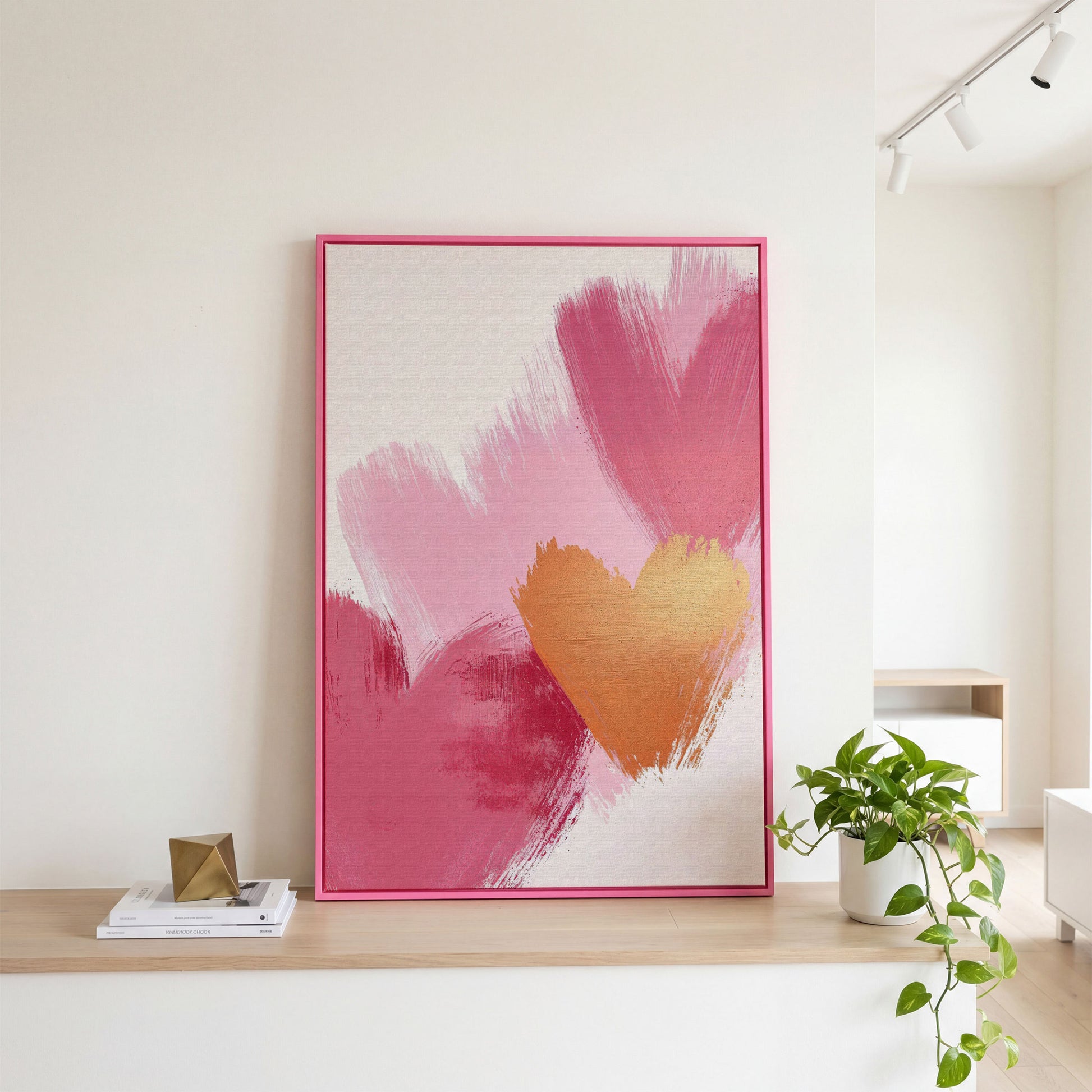 Pink & Gold Abstract Heart Canvas in pink floating frame