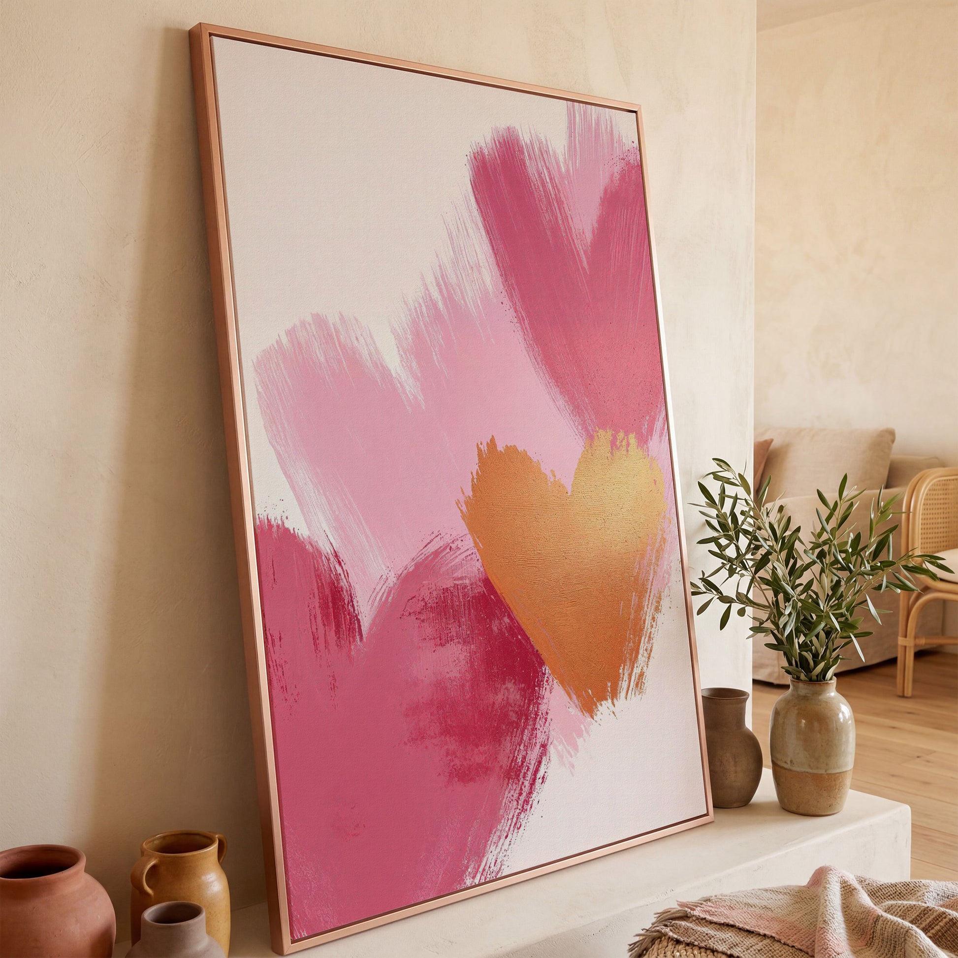 Pink & Gold Abstract Heart Canvas in rose gold floating frame