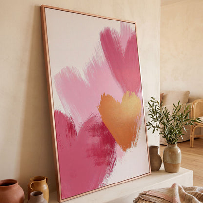 Pink & Gold Abstract Heart Canvas in rose gold floating frame