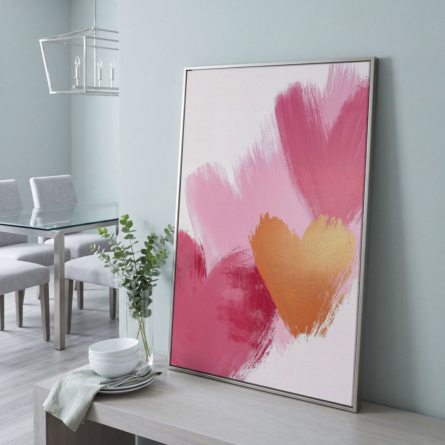 Pink & Gold Abstract Heart Canvas in silver floating frame