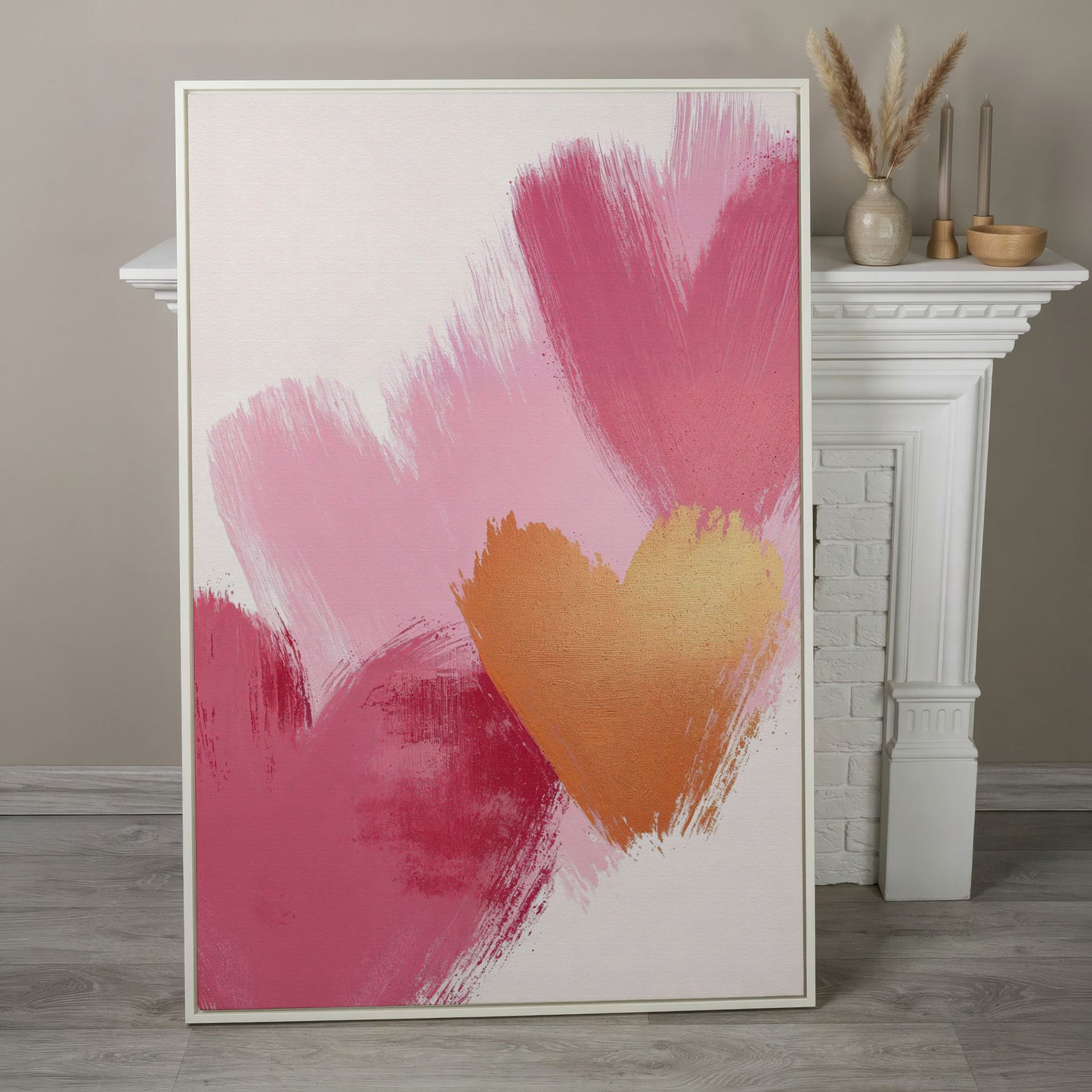 Pink & Gold Abstract Heart Canvas in white floating frame