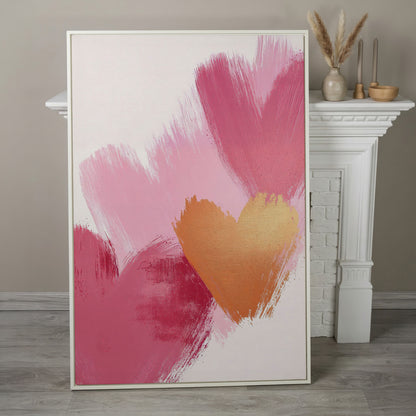 Pink & Gold Abstract Heart Canvas in white floating frame