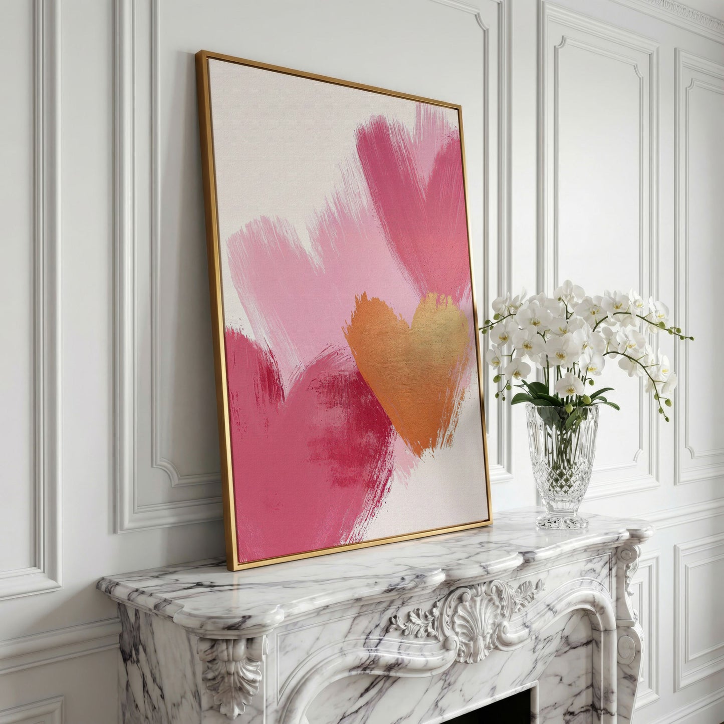Pink & Gold Abstract Heart Canvas in yellow gold floating frame