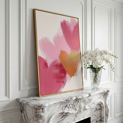 Pink & Gold Abstract Heart Canvas in yellow gold floating frame