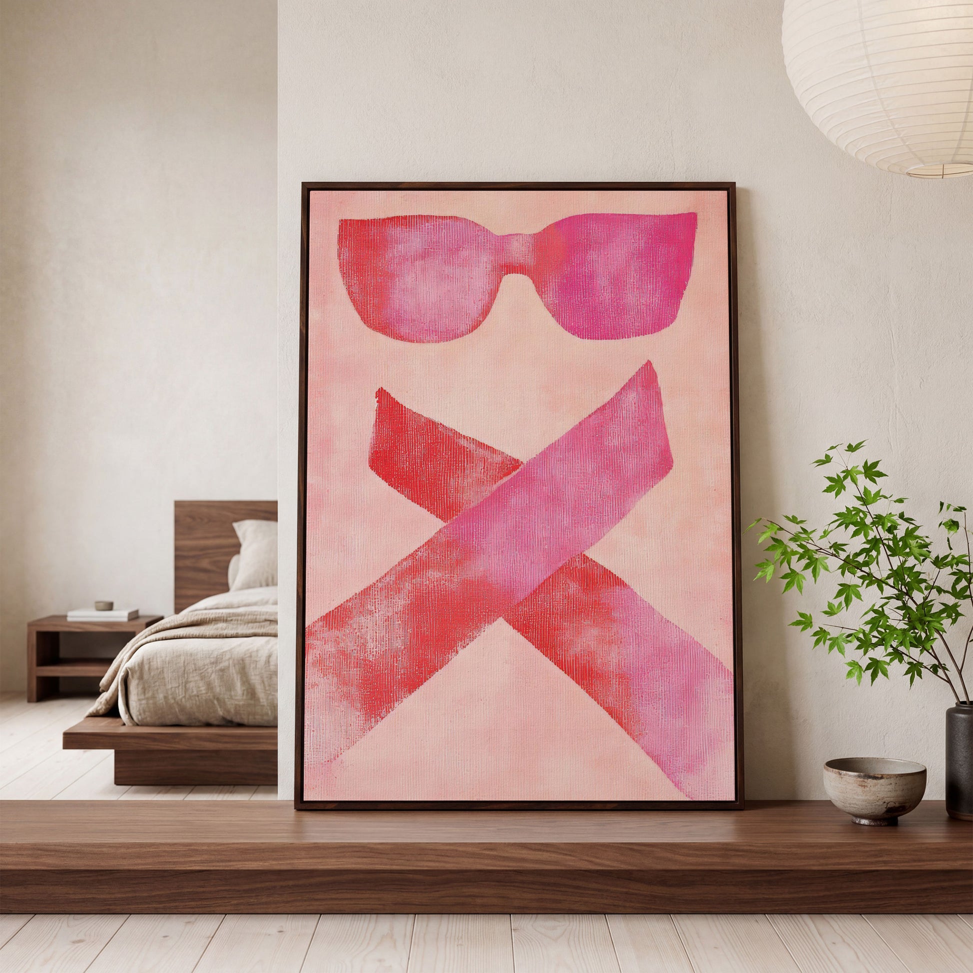 Pink Sunglasses Abstract Canvas in dark walnut floating frame