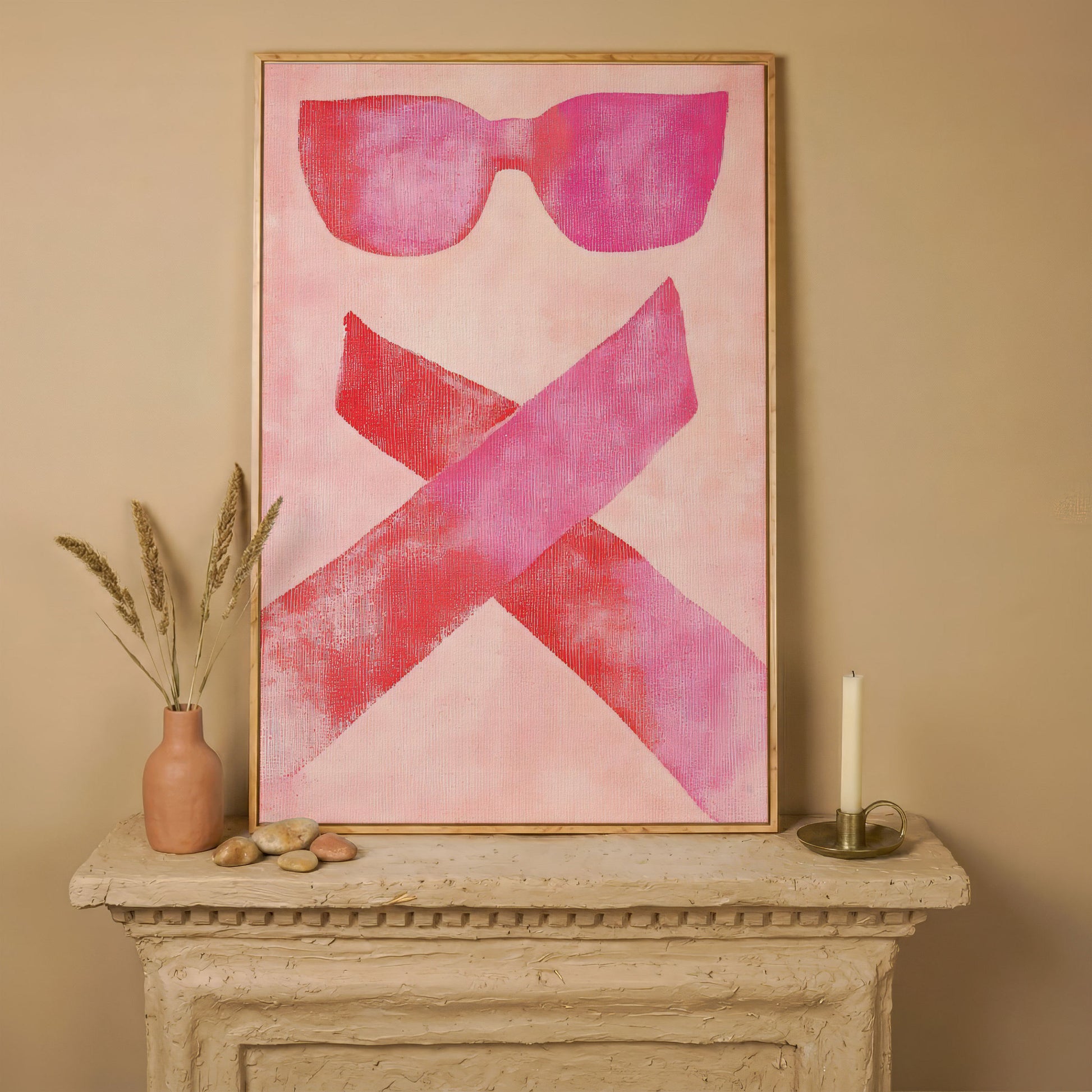 Pink Sunglasses Abstract Canvas in white oak floating frame