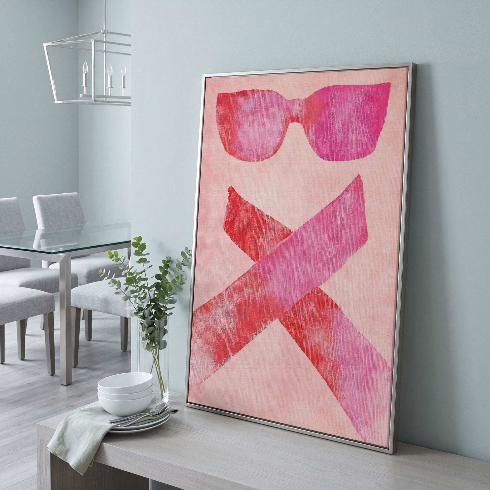 Pink Sunglasses Abstract Canvas in silver floating frame
