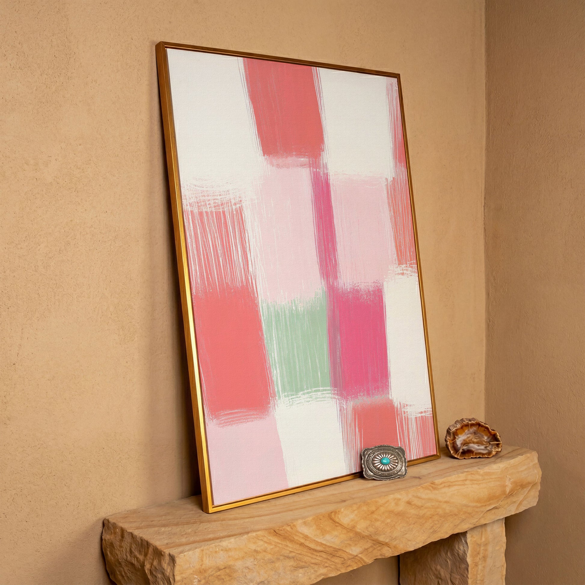 Soft Pastel Checkered Canvas Print in Pink and Green in antique gold floating frame