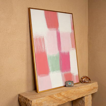 Soft Pastel Checkered Canvas Print in Pink and Green in antique gold floating frame