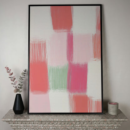 Soft Pastel Checkered Canvas Print in Pink and Green in black floating frame