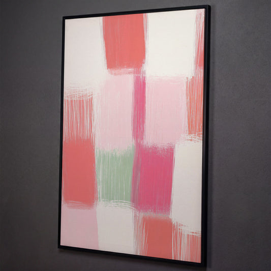 Soft Pastel Checkered Canvas Print in Pink and Green shown in black floating frame