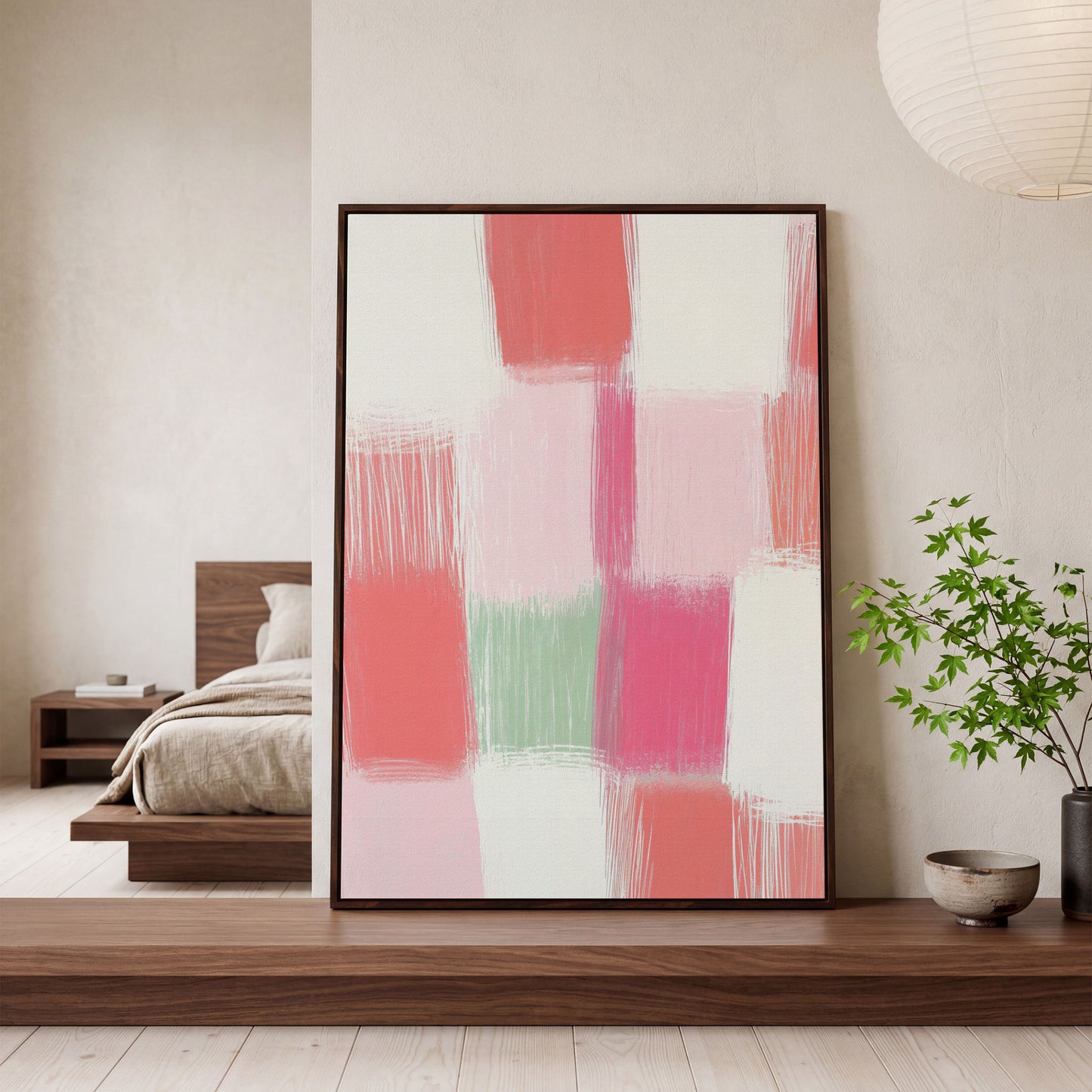 Soft Pastel Checkered Canvas Print in Pink and Green in dark walnut floating frame