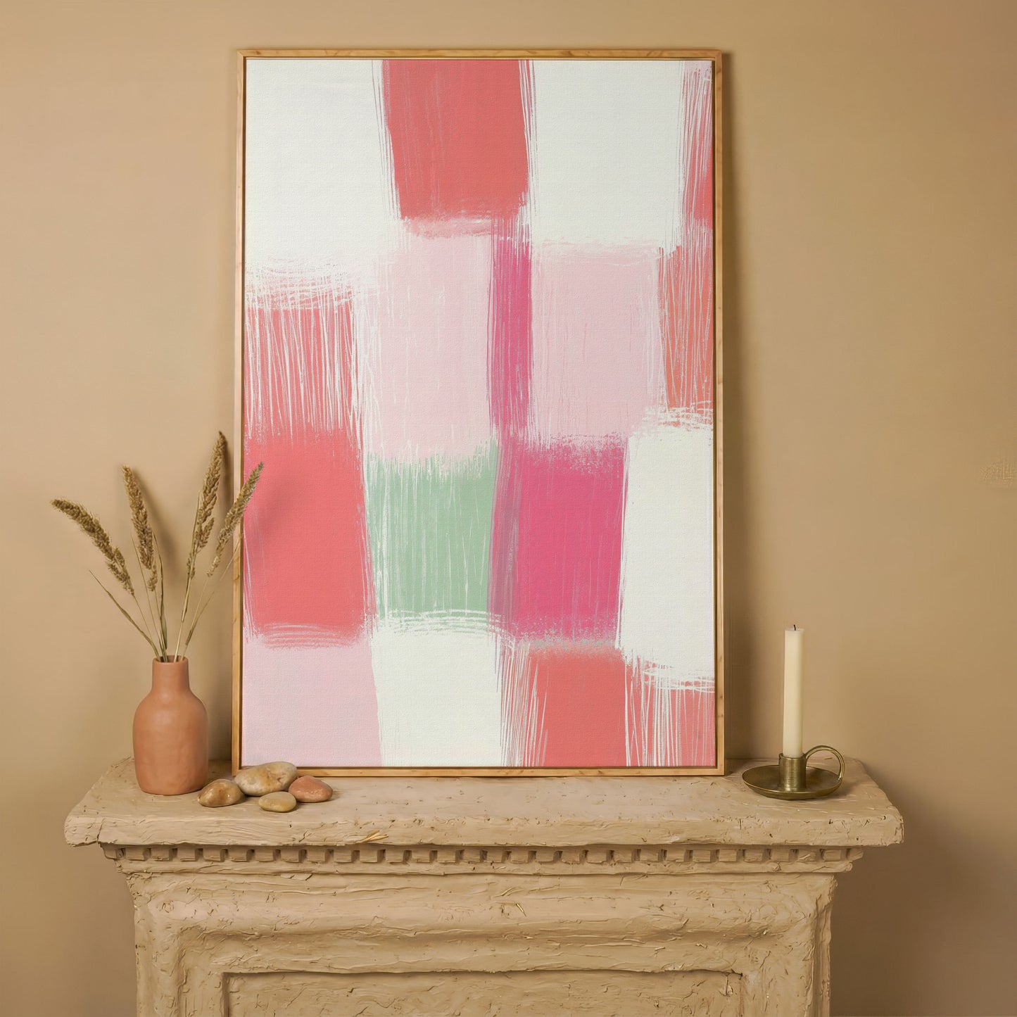 Soft Pastel Checkered Canvas Print in Pink and Green in white oak floating frame