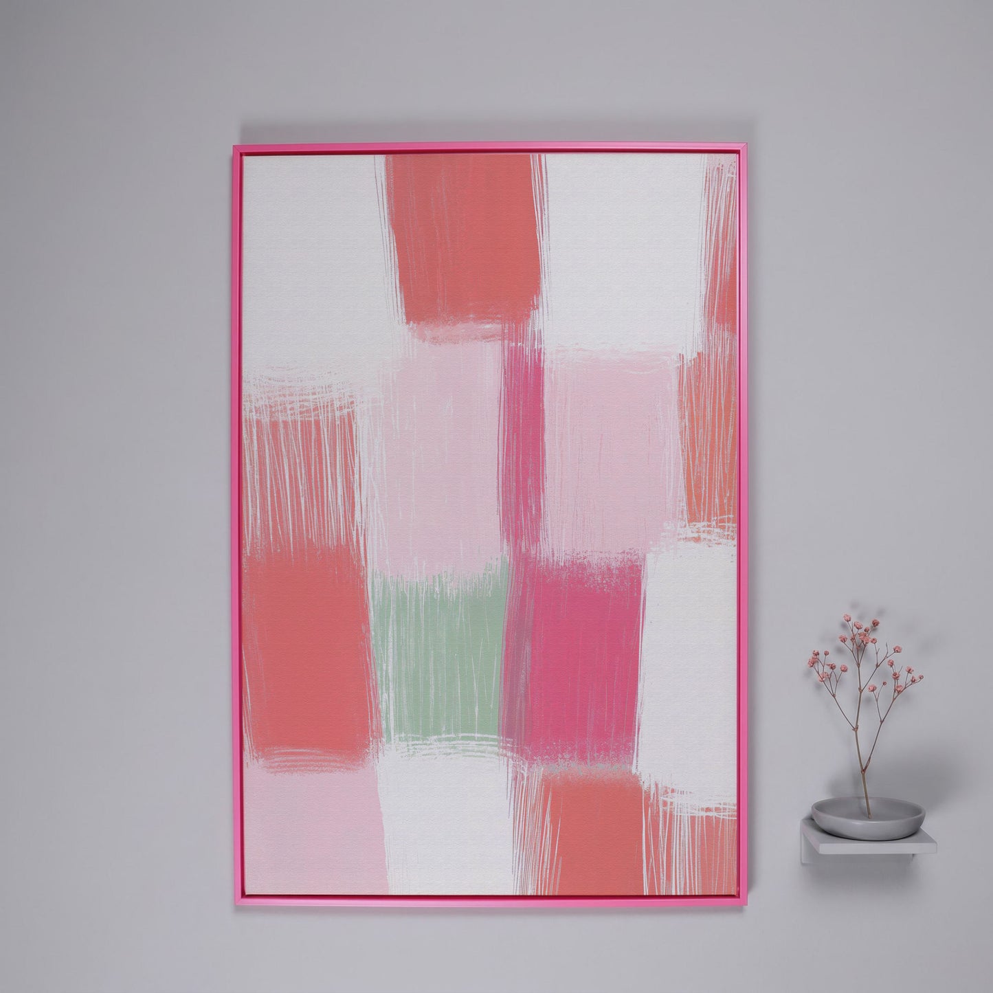 Soft Pastel Checkered Canvas Print in Pink and Green in pink floating frame