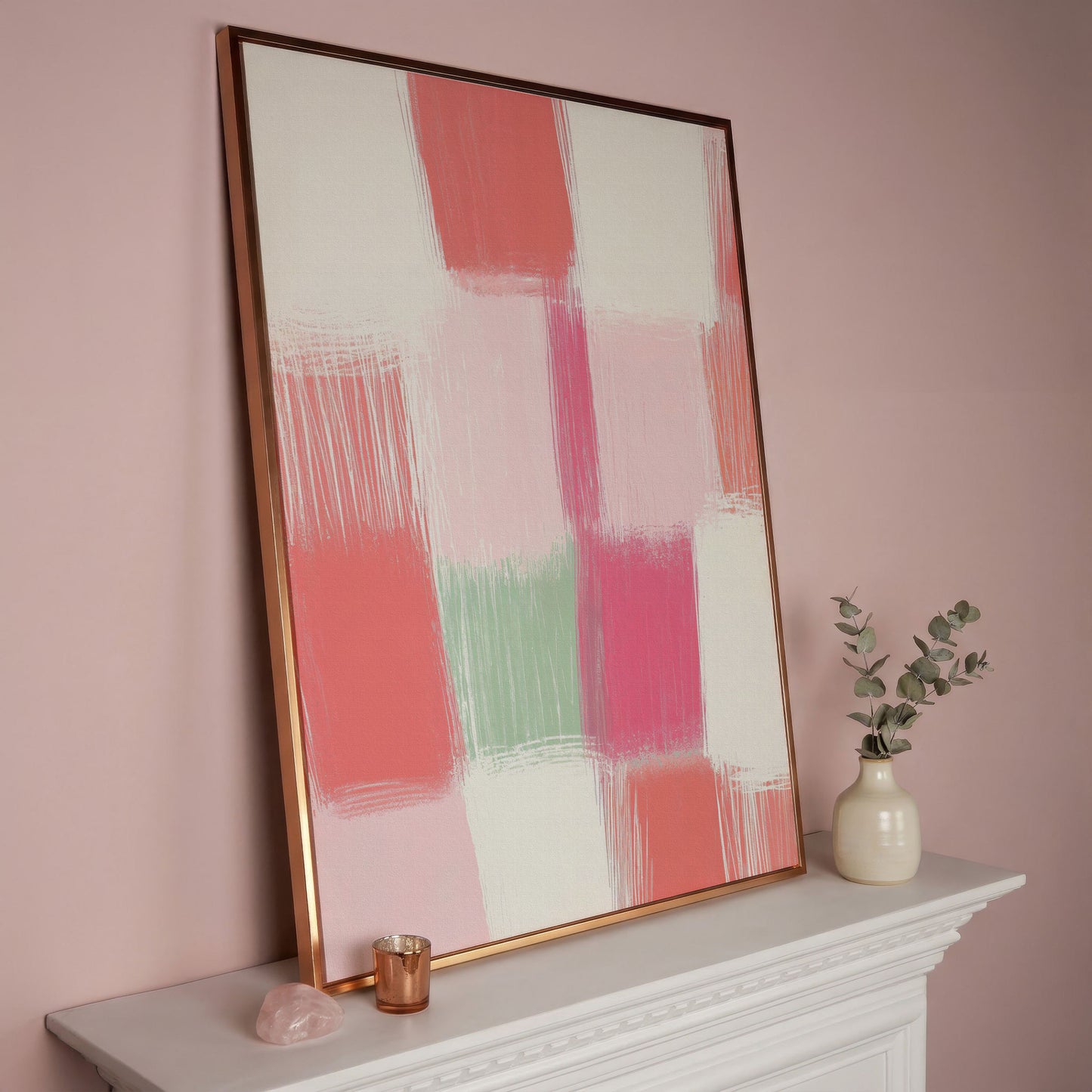 Soft Pastel Checkered Canvas Print in Pink and Green in rose gold floating frame
