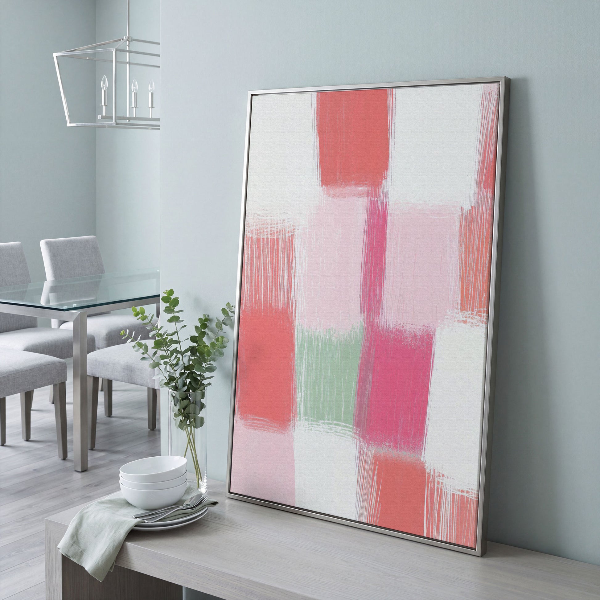 Soft Pastel Checkered Canvas Print in Pink and Green in silver floating frame