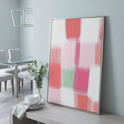 Soft Pastel Checkered Canvas Print in Pink and Green in silver floating frame