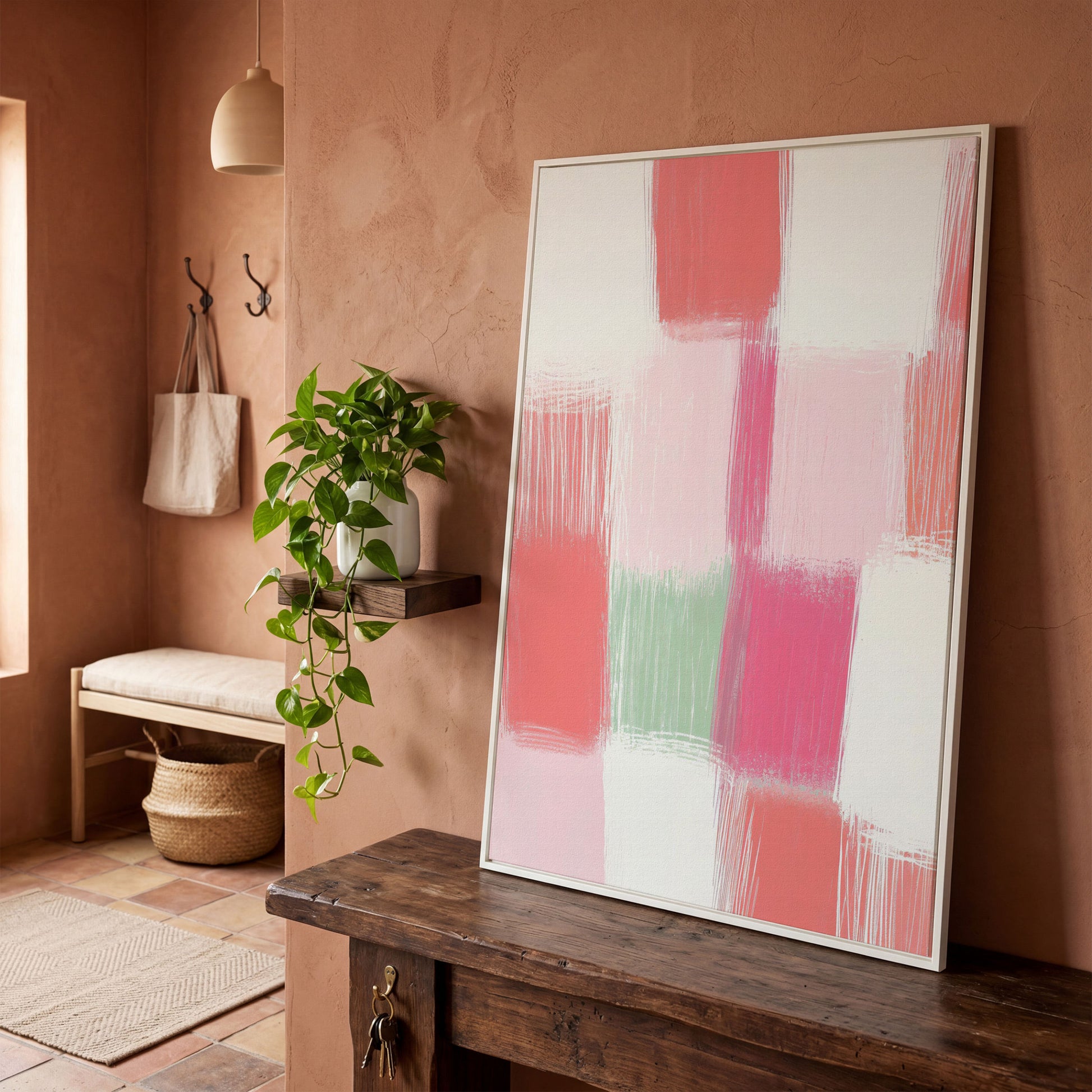 Soft Pastel Checkered Canvas Print in Pink and Green in white floating frame