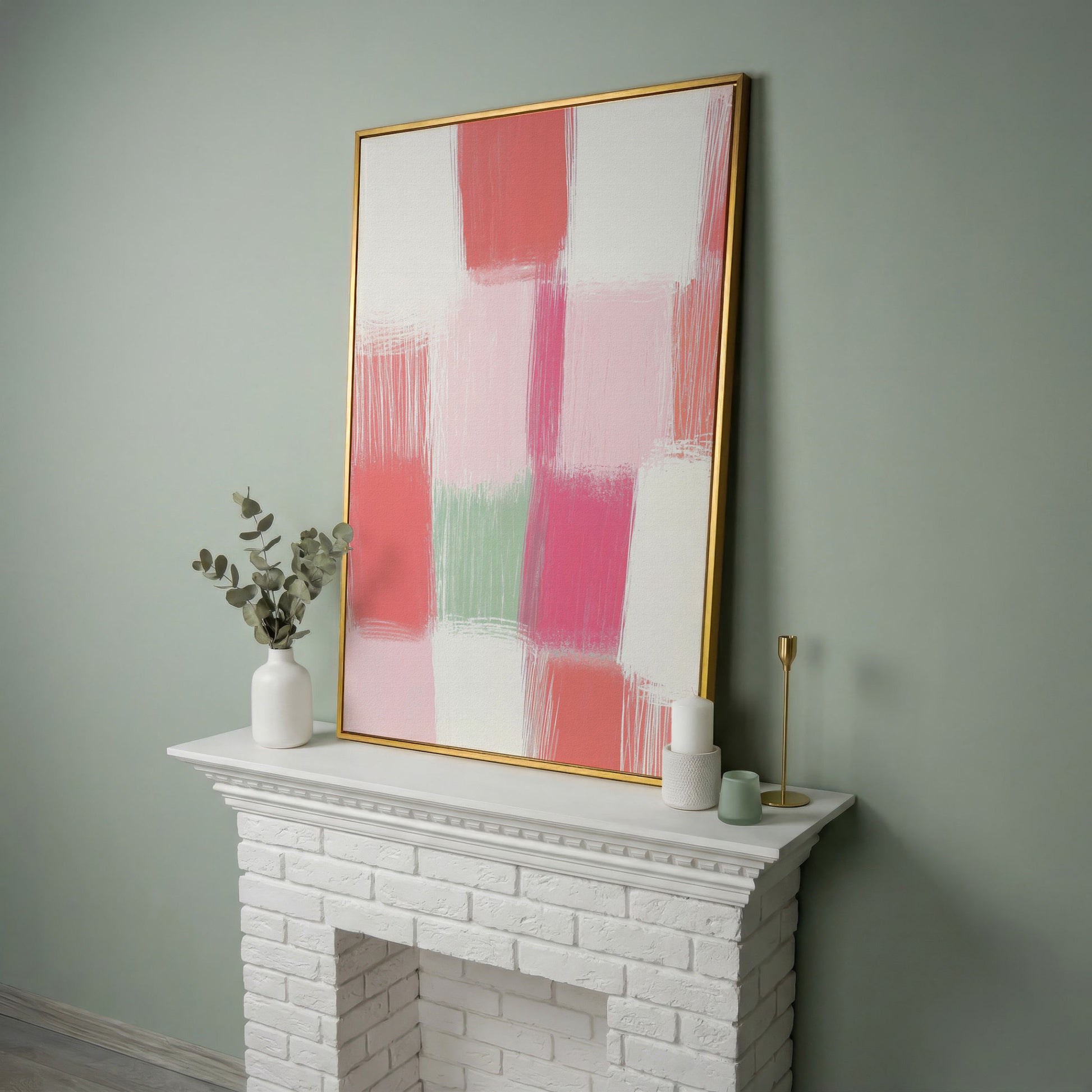 Soft Pastel Checkered Canvas Print in Pink and Green in yellow gold floating frame