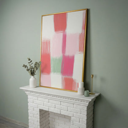 Soft Pastel Checkered Canvas Print in Pink and Green in yellow gold floating frame