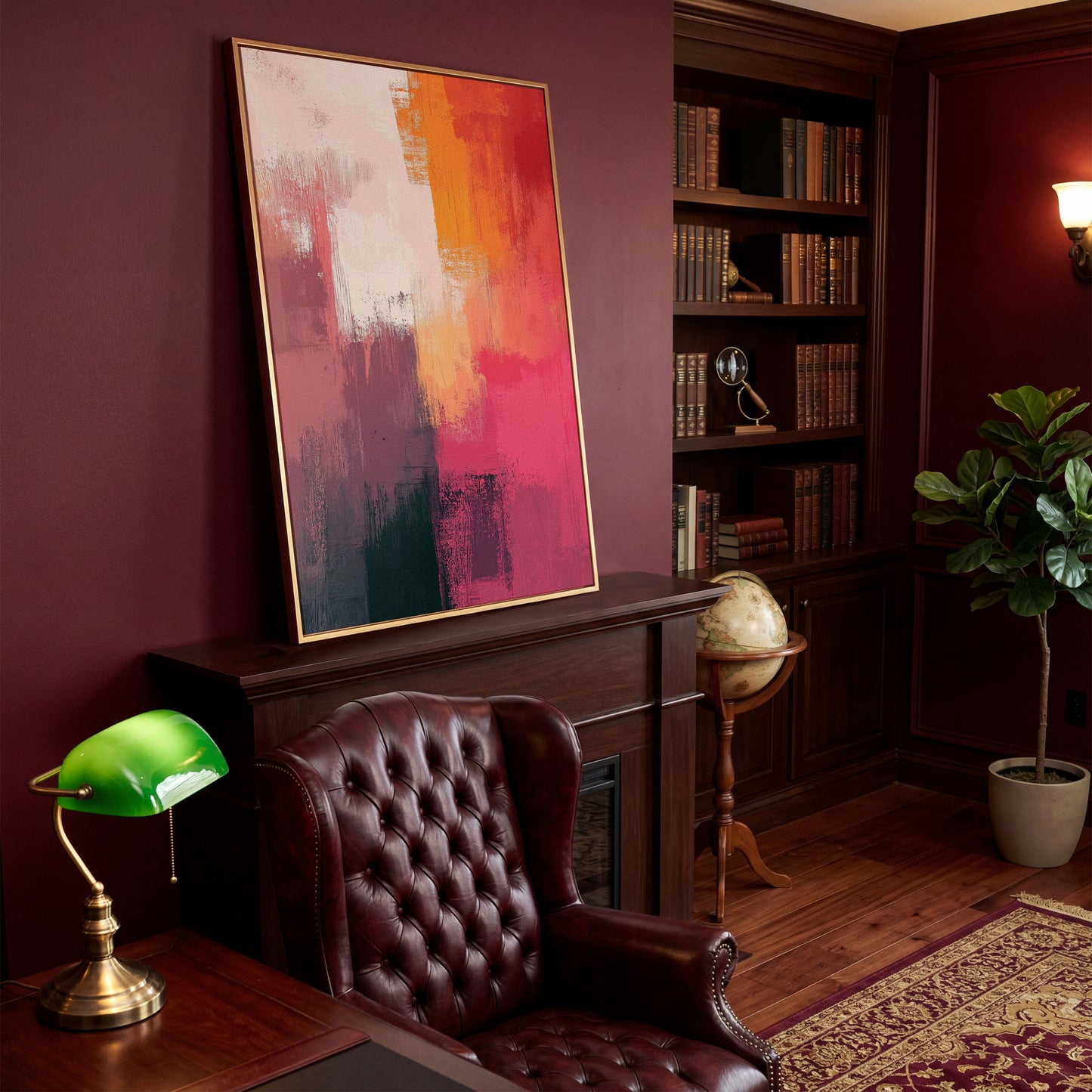 Pink & Orange Abstract Canvas in antique gold floating frame