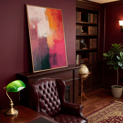 Pink & Orange Abstract Canvas in antique gold floating frame