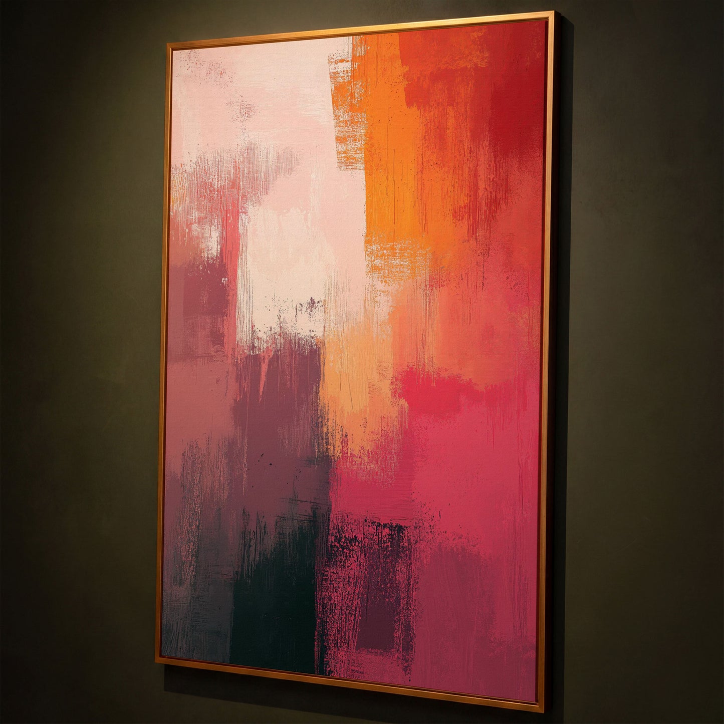 Pink & Orange Abstract Canvas shown in antique gold floating frame