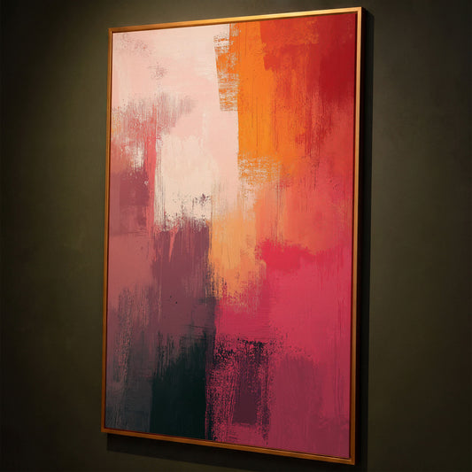 Pink & Orange Abstract Canvas shown in antique gold floating frame