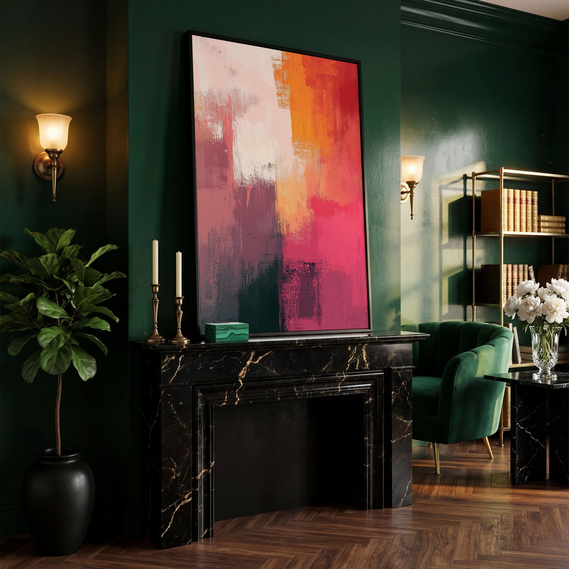 Pink & Orange Abstract Canvas in black floating frame
