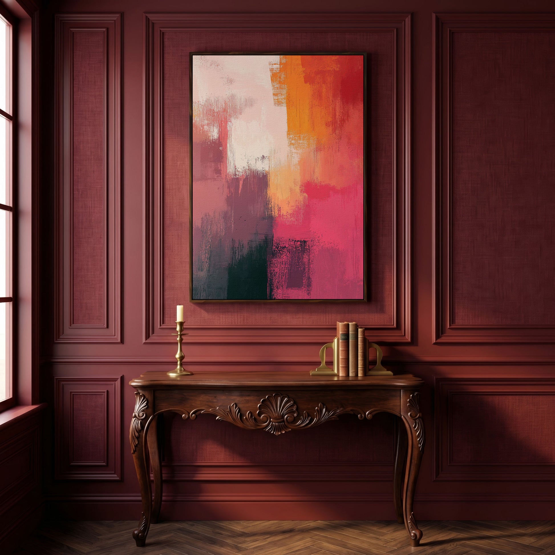 Pink & Orange Abstract Canvas in dark walnut floating frame