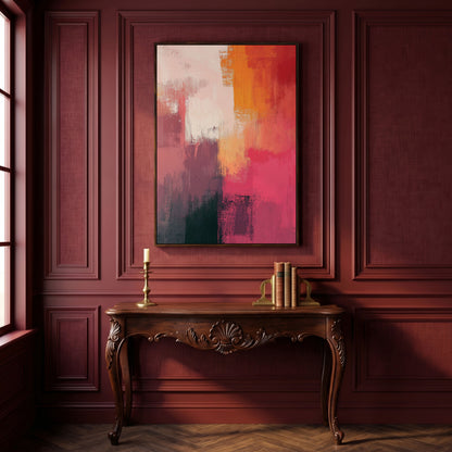 Pink & Orange Abstract Canvas in dark walnut floating frame