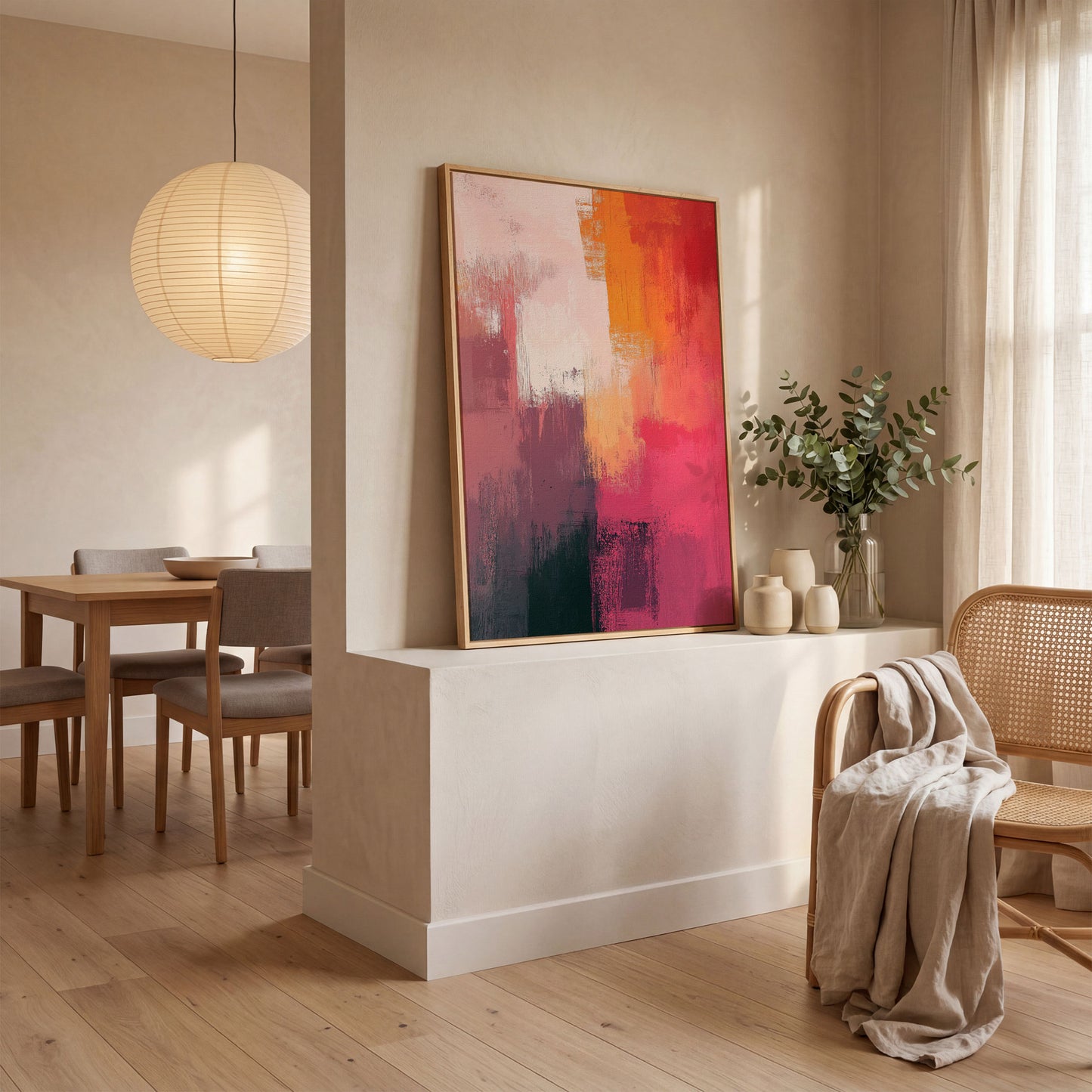 Pink & Orange Abstract Canvas in white oak floating frame