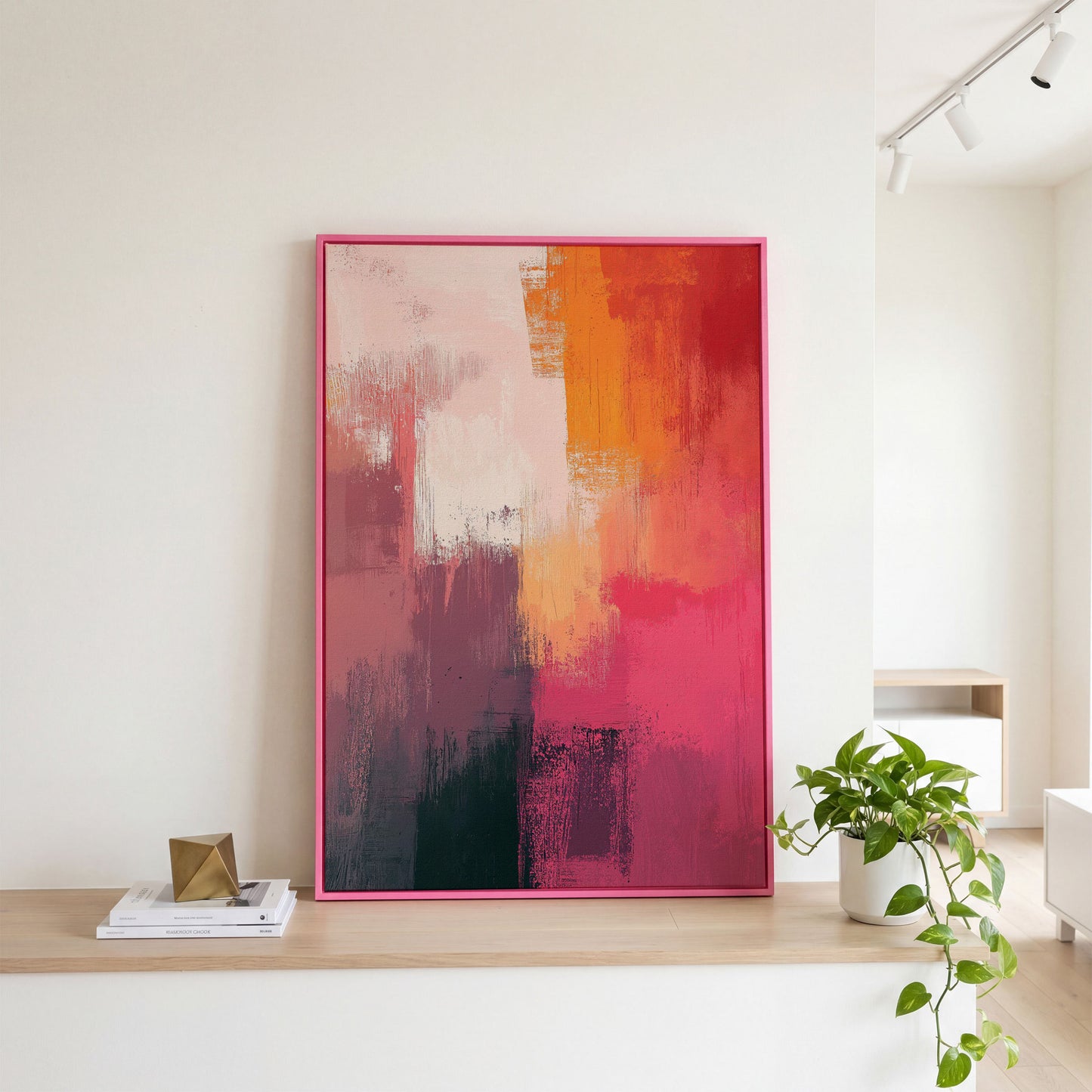 Pink & Orange Abstract Canvas in pink floating frame