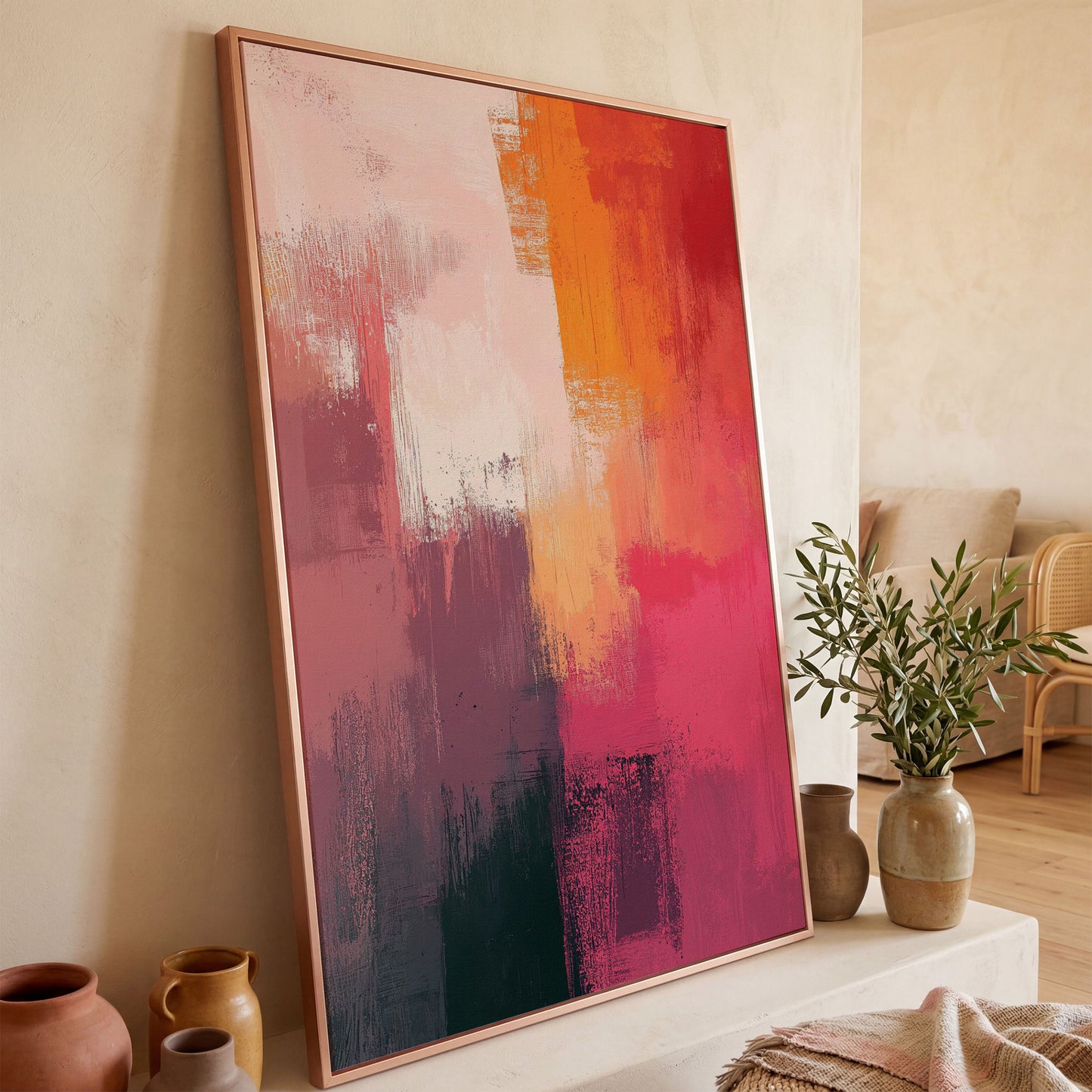 Pink & Orange Abstract Canvas in rose gold floating frame
