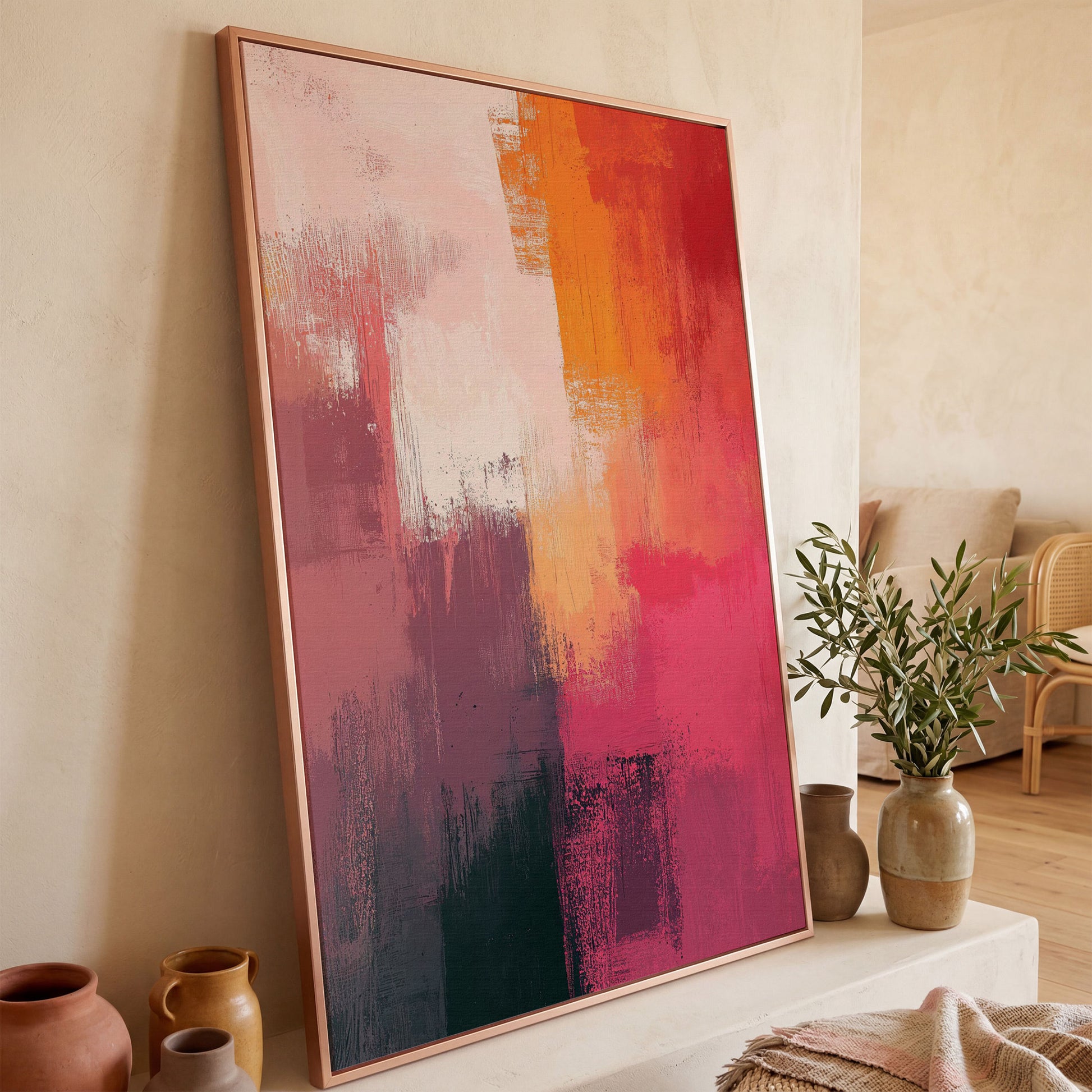 Pink & Orange Abstract Canvas in rose gold floating frame