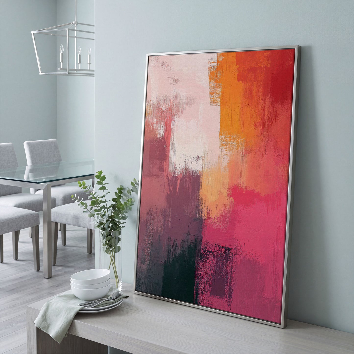 Pink & Orange Abstract Canvas in silver floating frame