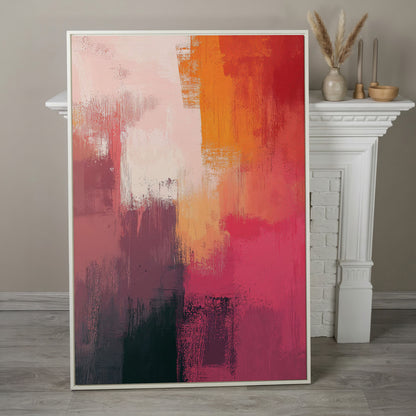 Pink & Orange Abstract Canvas in white floating frame
