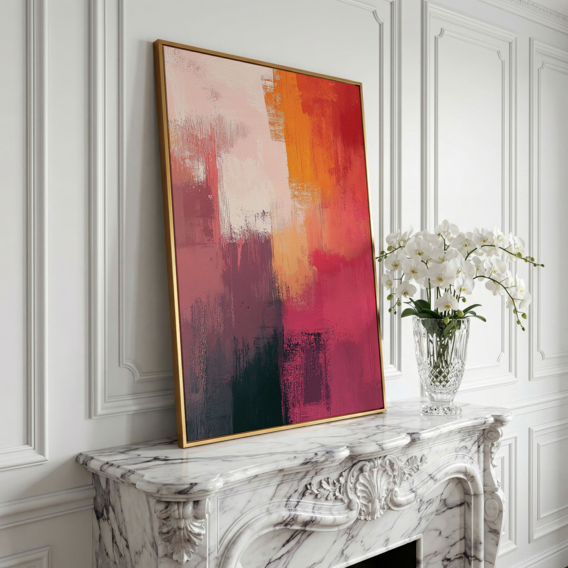 Pink & Orange Abstract Canvas in yellow gold floating frame